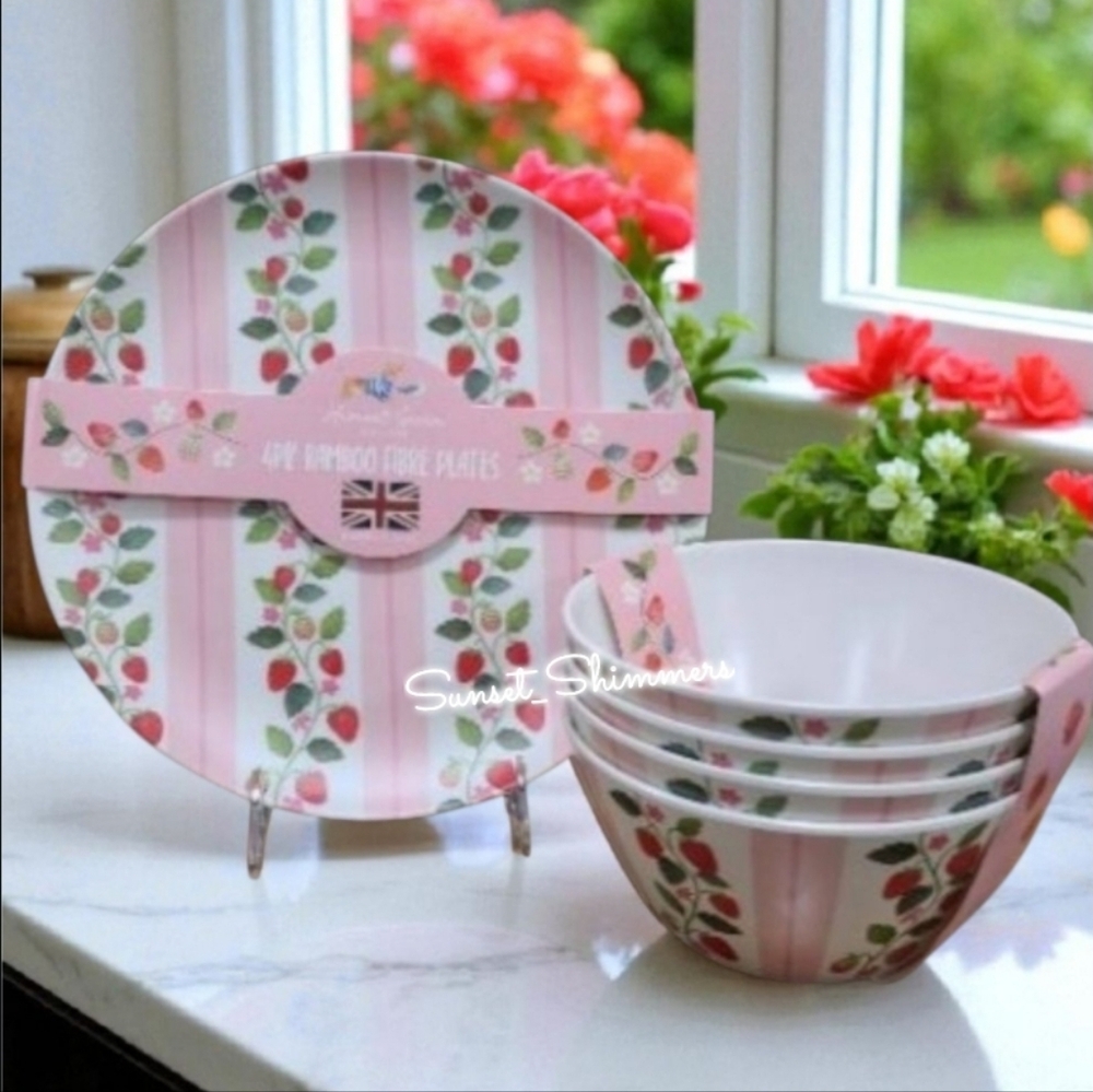 8pc Harvest Green Studio Strawberry Blossom Eco Melamine Dinner Plate & Bowl Set